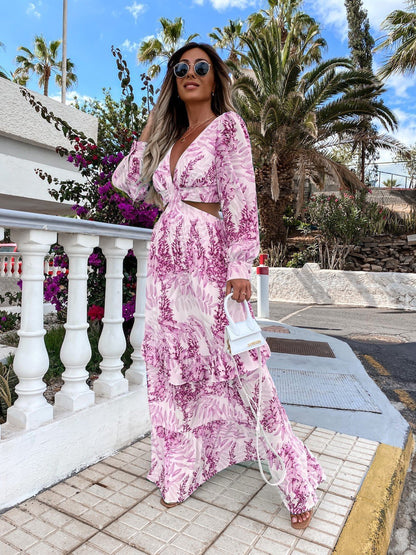 Elegant Hollow Floor V-neck Long-sleeved Plant Dress