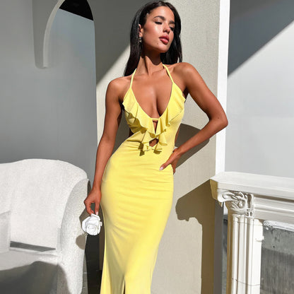 Close-Fitting & Slim-Fitting Pure Color Halter Sling Dress
