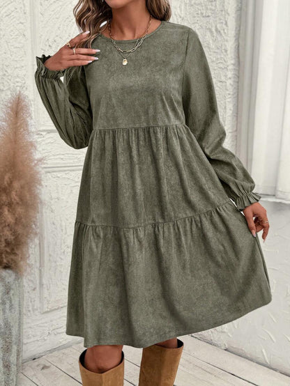 Casual Solid Color Ruffle Sleeve Midi Dress