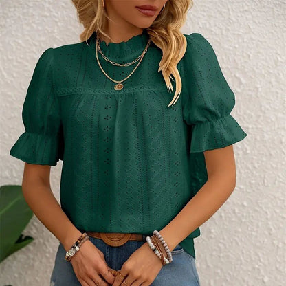 Elegant Ruffle Detail Blouse Short Sleeve Round Neck Top