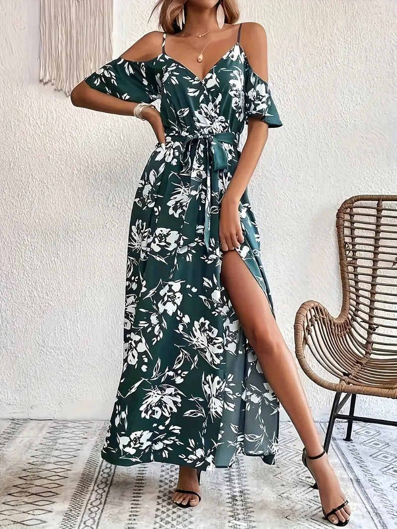 Flower Print Split Suspender Dress