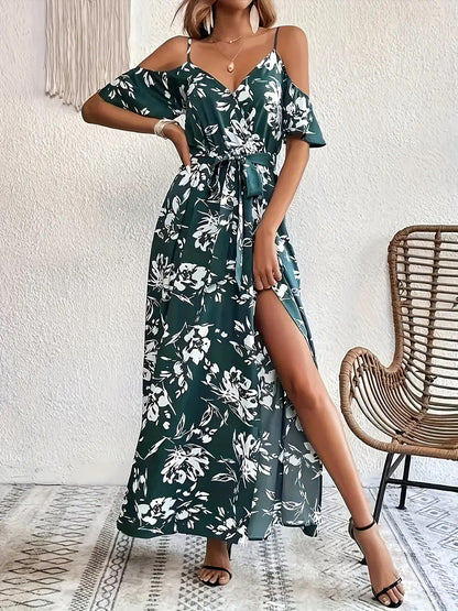 Flower Print Split Suspender Dress