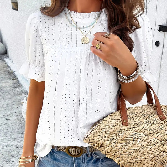 Elegant Ruffle Detail Blouse Short Sleeve Round Neck Top