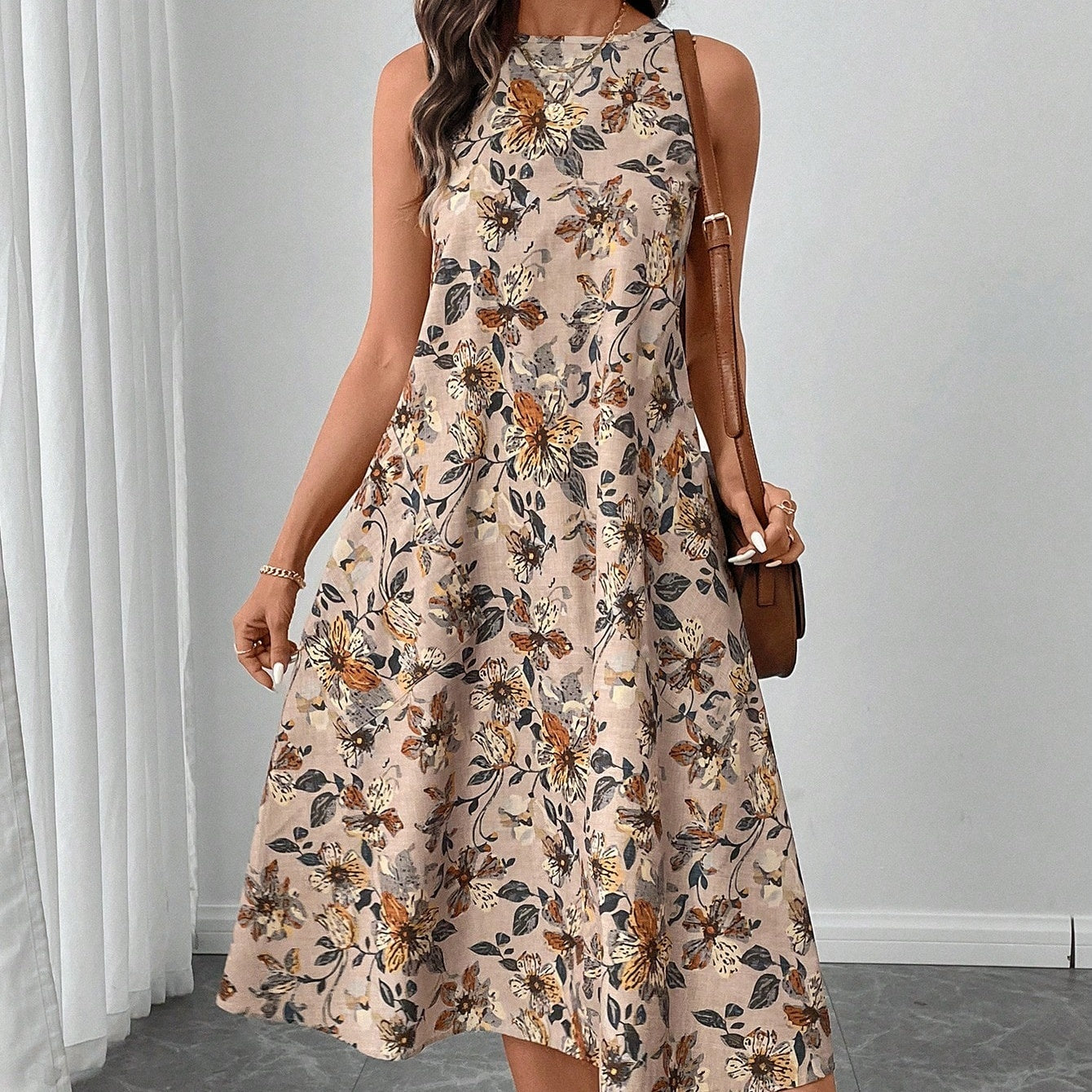 Round Neck Sleeveless Flared Hem Midi Dress