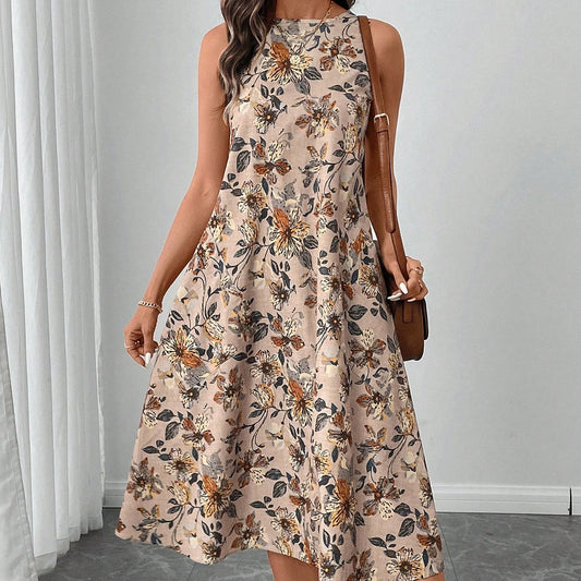 Round Neck Sleeveless Flared Hem Midi Dress