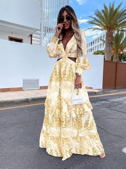 Elegant Hollow Floor V-neck Long-sleeved Plant Dress