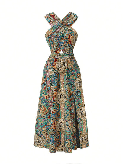 Maxi Dress High Waisted Cross Halter Neck W/ Tie Detail