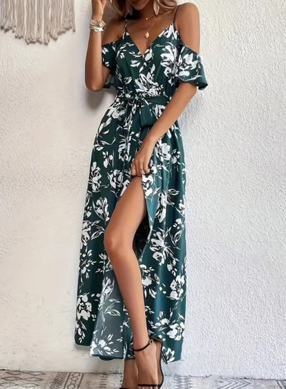 Flower Print Split Suspender Dress