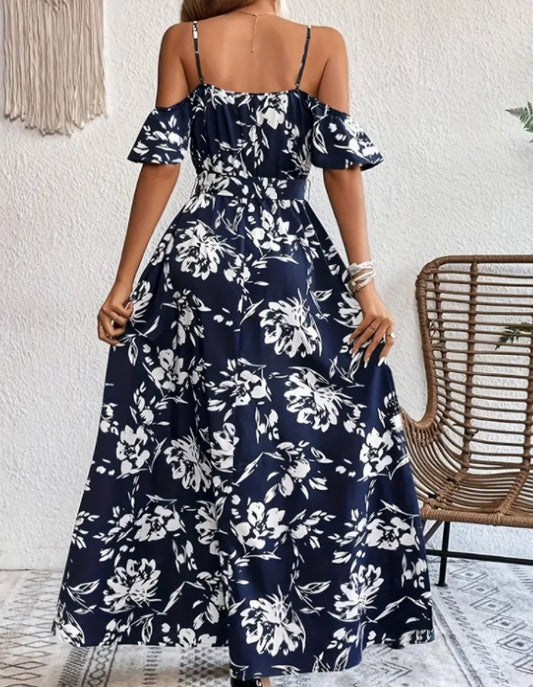 Flower Print Split Suspender Dress
