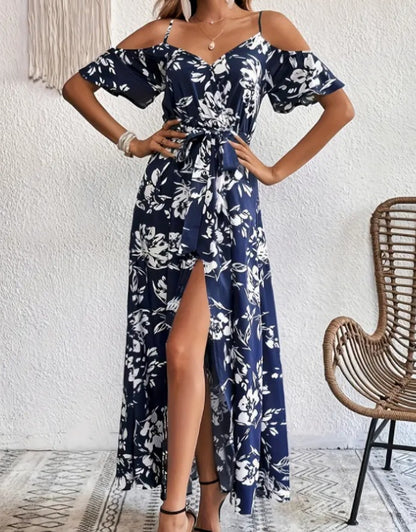Flower Print Split Suspender Dress
