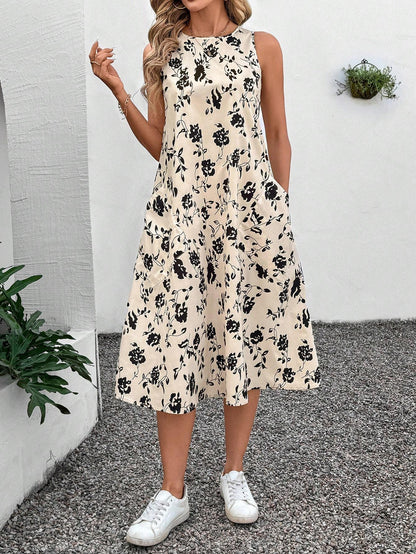 Round Neck Sleeveless Flared Hem Midi Dress