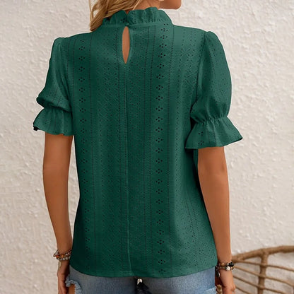 Elegant Ruffle Detail Blouse Short Sleeve Round Neck Top