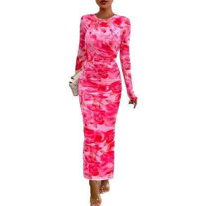 Printed Tight Pleated Slim Fit Dress