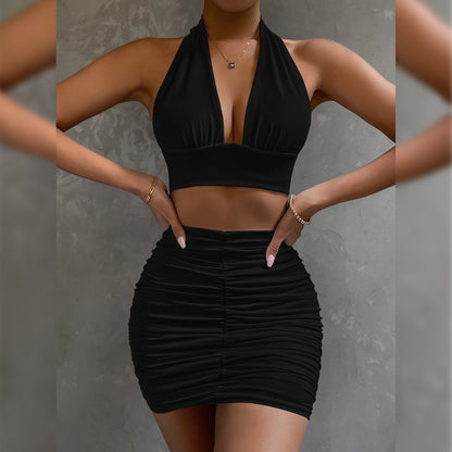 Halter Lace-up Top & Pleated Hip-Covering Skirt