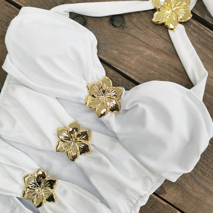 Hollow-Out Tube Top One-Piece Swimsuit W/ Skirt