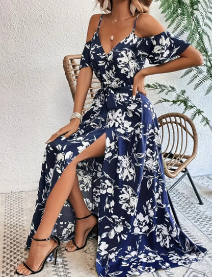 Flower Print Split Suspender Dress